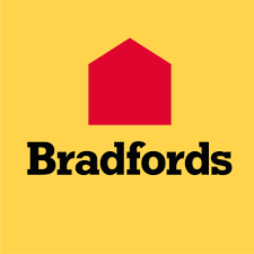 Logo for Bradfords featuring a red geometric shape resembling a house above the word "Bradfords" in bold black letters, all set against a yellow background.
