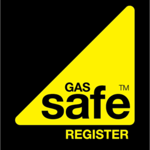 The Gas Safe Register logo features a yellow triangle with the words "Gas Safe Register" in black text on a black background.