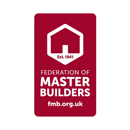 Logo of the Federation of Master Builders, featuring a white house icon with "Est. 1941" inside, and the text "Federation of Master Builders" and "fmb.org.uk" on a red background.