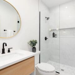 Modern bathroom with a glass-enclosed shower, a white toilet, a light wood vanity with a white countertop, black fixtures, a round mirror with a gold frame, and a small plant next to the faucet.