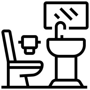 A simple black silhouette of a rabbit in a sitting position, facing to the right, with long ears upright and a small round tail.